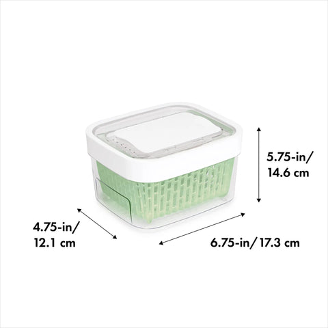 Keep It Fresh 1.6 Quart Food Storage Container with Airflow Basket and measurements shown