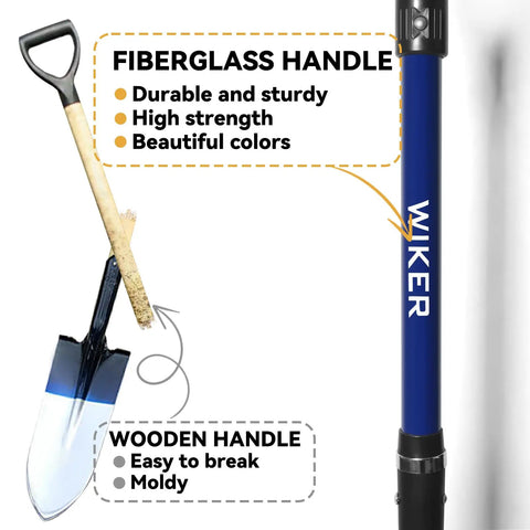 Comparison of a blue drain spade shovel with fiberglass handle and wooden handle. Drain Spade Shovel With Fiberglass Handle Narrow Head Sharp Shooter Shovel For Precise Digging And Planting Heavy Duty 45 Inch Blue Shovel For Transplanting Trenching And Yard Work