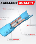Blue insulated heat-shrink butt connector cross-section showing copper tube, adhesive lining, and wire-stop feature