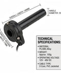 Throttle Handle With Rolling Bearing Quick Twist Grip And Cable Kit For Yozma IN10 E Bike Electric Dirt Bike Durable Aluminum Nylon Build Easy Replacement For Rugged Ride featuring technical specifications and size measurements.