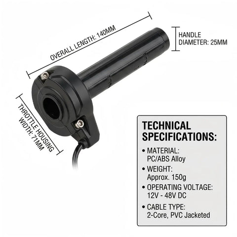 Throttle Handle With Rolling Bearing Quick Twist Grip And Cable Kit For Yozma IN10 E Bike Electric Dirt Bike Durable Aluminum Nylon Build Easy Replacement For Rugged Ride featuring technical specifications and size measurements.