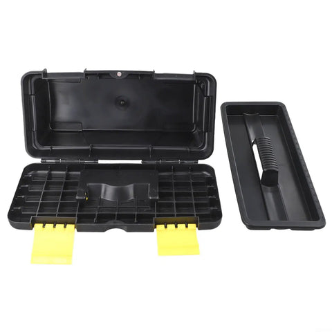 Open 10 Inch Plastic Toolbox With Dual Layer Organization showing compartments for secure storage of tools, lightweight black design