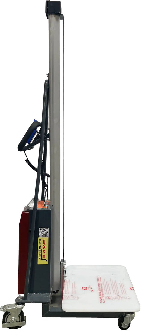 Side view of electric work positioner truck with 330 lb capacity and 67 inch lift height, featuring steel frame and chain pulled lift