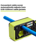 Close-up of All In One RJ45 Crimp Tool For Pass Through Connectors, Cut, Score, And Strip, Works With Cat5e, Cat6, Cat6A.