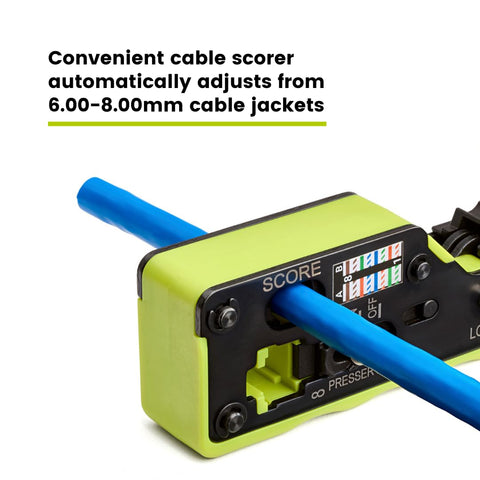 Close-up of All In One RJ45 Crimp Tool For Pass Through Connectors, Cut, Score, And Strip, Works With Cat5e, Cat6, Cat6A.