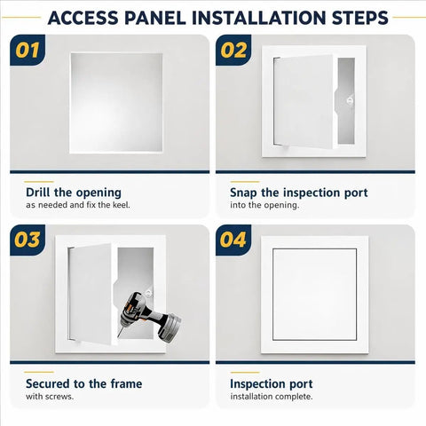 Access panel installation steps for Heavy Duty Aluminum Flush Mount Access Panel, Slick Push To Open Ceiling And Wall Hatch For Drywall.