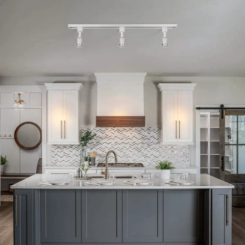 J Type Track Lighting Head To GU10 Base Adapter Lights Pack Of 12, white finish, installed in modern kitchen ceiling
