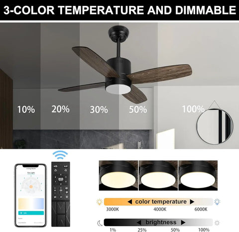 38 Inch Ceiling Fan With Lights Remote Control For Patio And Outdoor Spaces App Control Dimmable Quiet DC Motor Perfect For Sunroom Screen Porch Living Room And Bedroom Black showing dimmable light settings and remote controls with app interface