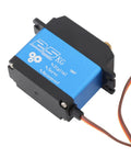 Rock Solid 25Kg Rc Servo Motor Loaded With Serious High Torsion Output And Durable Metal Gears For Heavy Duty Robotics And Fast Automation Builds Running Smooth On 4.8 To 7.2 Volt Systems, showing blue metal case and wires.