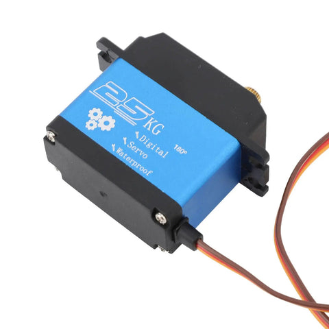 Rock Solid 25Kg Rc Servo Motor Loaded With Serious High Torsion Output And Durable Metal Gears For Heavy Duty Robotics And Fast Automation Builds Running Smooth On 4.8 To 7.2 Volt Systems, showing blue metal case and wires.