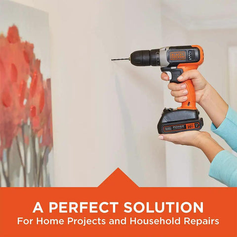 Using 20V Max Cordless Drill With 64-Piece Home Toolkit In A Translucent Portable Toolbox on wall for home project