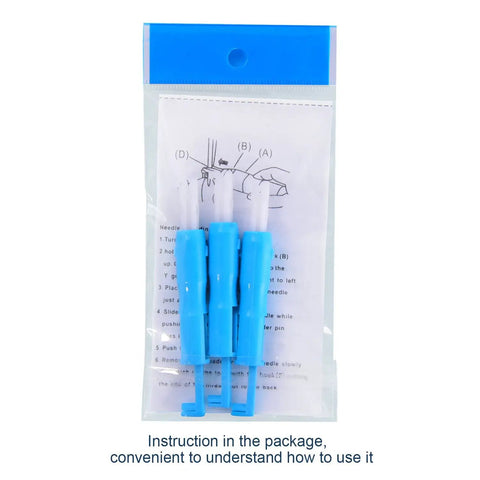 Automatic Needle Threader And Bodkin Set For Sewing Machines, 3 Piece PLA Tool Kit, Blue and White, packaged in plastic with instructions