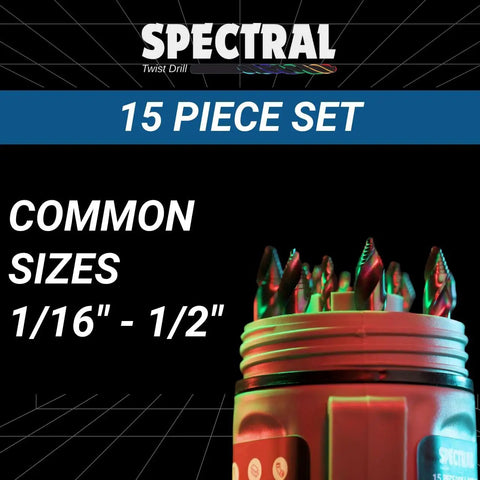 15 Piece Stepped Point HSS Drill Bit Set 1/16 To 1/2 Inch Round Case shown with colorful tips
