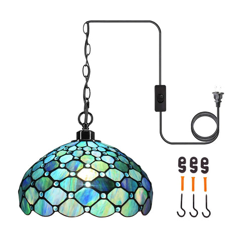 Sea Blue Pearl Tiffany Style Pendant Light Plug In Swag Lamp With 12 Inch Glass Shade Adjustable 32 Inch Chain And 15 Foot Cord