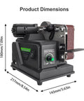 Super Slick Mini Belt Sander Workhorse With Polishing And Carving Accessory Kit For Wood Metal And Plastic Fast 7000 Rpm dimensions showing motor and RPM control.