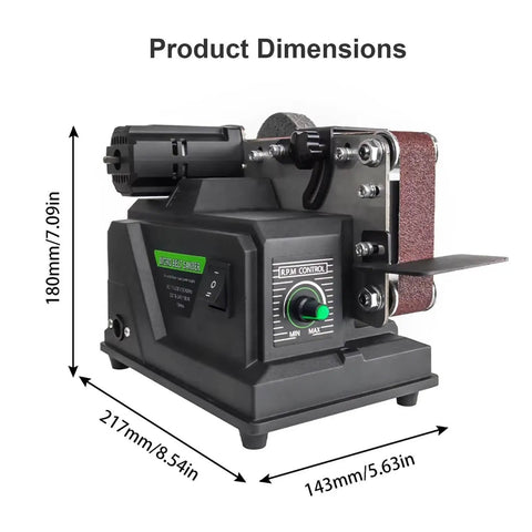 Super Slick Mini Belt Sander Workhorse With Polishing And Carving Accessory Kit For Wood Metal And Plastic Fast 7000 Rpm dimensions showing motor and RPM control.