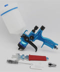 Professional 1.3mm Airbrush Spray Gun Kit With Adjustable Air Regulator And Inline Moisture Filter Shoots Clean Fine Mist, blue spray gun with accessories.