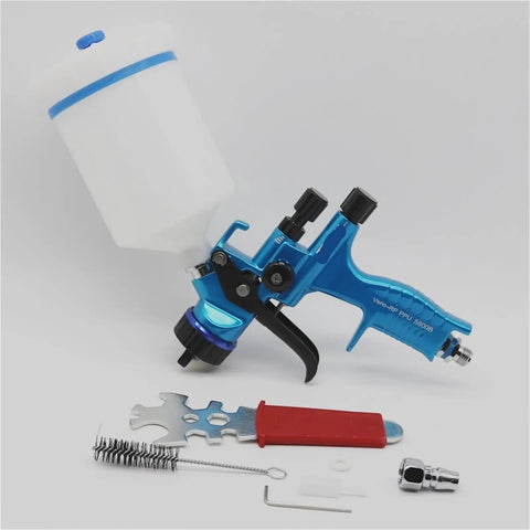 Professional 1.3mm Airbrush Spray Gun Kit With Adjustable Air Regulator And Inline Moisture Filter Shoots Clean Fine Mist, blue spray gun with accessories.