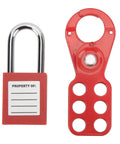 Six Hole Hasp Lockout Tagout Kit Nonconductive Thermoplastic Body With 1 Inch Shackle Safety Padlocks for electrical lockout.