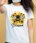 Model wearing T-shirt with Six Pack Bee Sunflower Iron On Transfers Dope DTF Paper Decals For T Shirts Hoodies Jackets Positive Text