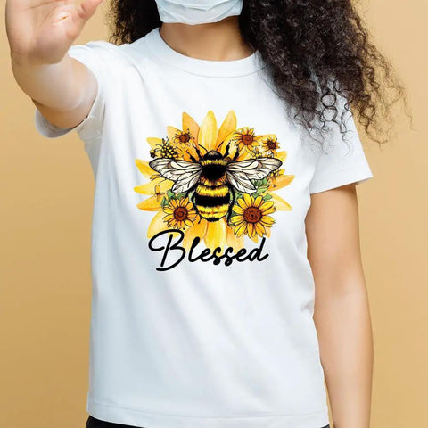 Model wearing T-shirt with Six Pack Bee Sunflower Iron On Transfers Dope DTF Paper Decals For T Shirts Hoodies Jackets Positive Text