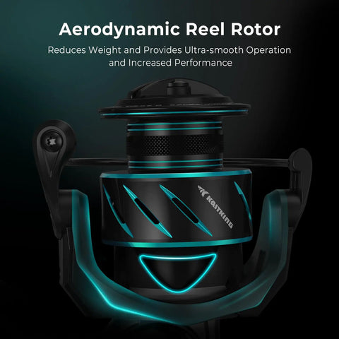 Front view of Verus Spinning Fishing Reel Size 4000 Black Gear Ratio Six Point Two To One Feather Light Performance on dark background.