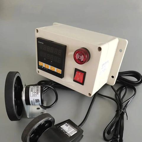 Heavy Duty Rotary Encoder With 300 Ppr Digital Length Counter featuring digital display, buttons, and dual wheels for precise rolling measurement.