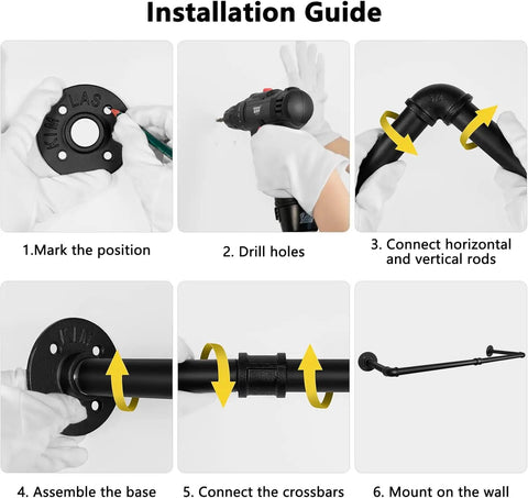 Installation guide steps for Built Like A Tank Wall Mounted Clothes Rack 3 Pack Black Industrial Pipe Garment Rail.