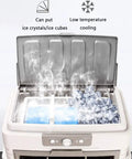 Heavy Duty Portable Evaporative Air Cooler with ice cubes and crystals in cooling compartment for enhanced airflow.