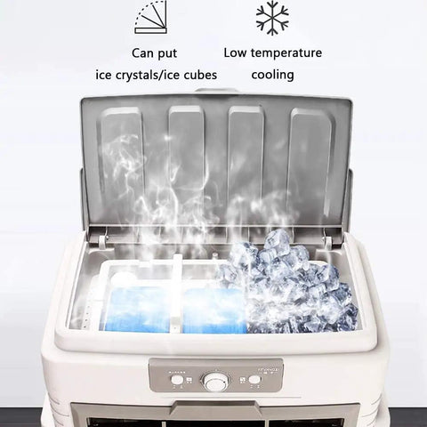 Heavy Duty Portable Evaporative Air Cooler with ice cubes and crystals in cooling compartment for enhanced airflow.