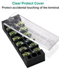 Two Pack Six Position Dual Row Screw Terminal Strips With Covers 600V 25A clear protective cover angle view.