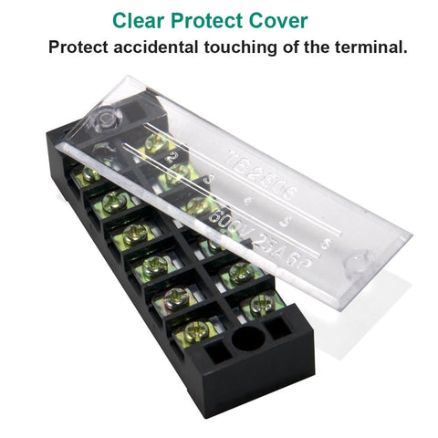 Two Pack Six Position Dual Row Screw Terminal Strips With Covers 600V 25A clear protective cover angle view.