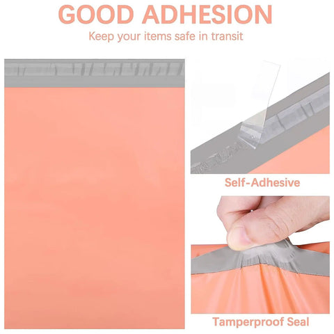 Peach Pink 12x15.5 Inch Poly Mailers 100 Pack Medium Self Seal Shipping Bags for Clothing and Small Biz shown with adhesive seals