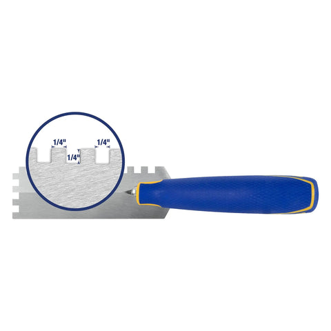 Comfort Grip Square-Notch Margin Tile Trowel With Six-Inch By Two-Inch Blade, shown with close-up of 1/4 inch notches