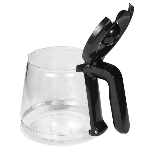 Front view of 12-cup glass coffee carafe with black plastic handle and hinged lid; replacement pot for Mr. Coffee.