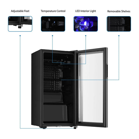 Small But Mighty Beverage Refrigerator With Double Glass Door, 3.2 Cu Ft Mini Fridge For Soda Beer Or Wine, 105 Can Capacity, Adjustable Removable Shelves, Fits Home Office Or Bar, Black Finish with open door