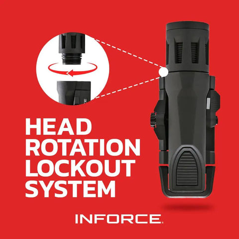 Gen 2 WML 400 Lumen Weapon Light With White Light And IR Illuminator Black Finish Built From 100 Percent Nylon Made In USA With Quick Lockout One Quarter Turn Head For Rifles And Tactical Gear, showing head rotation lockout system on red background