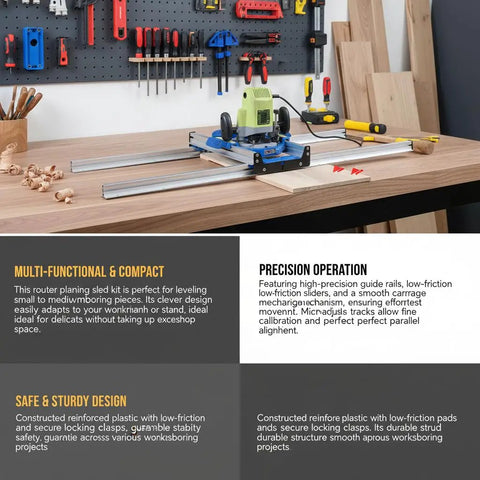 Router Sled Aluminum Alloy Flattening Jig With Precise Rail And Low Friction Slide on a workbench setup for woodworking projects.