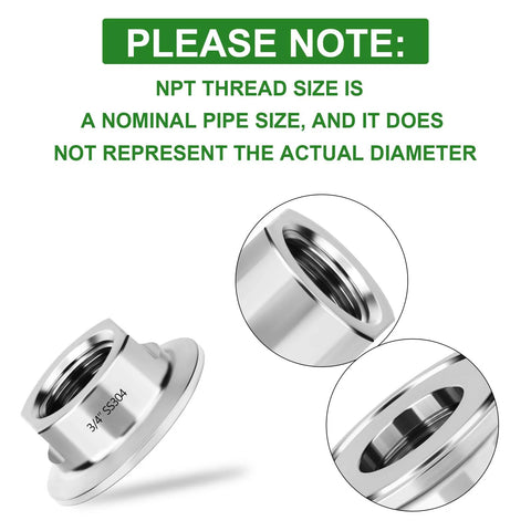 Angled view of stainless steel 1.5-inch tri-clamp to 3/4 in NPT female sanitary fitting for home brewing