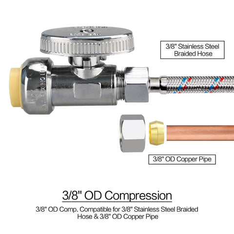 2 Pack Solid Brass Straight Stop Valves Quick Connect Shut Off Fittings 1/2 Inch PTC To 3/8 Inch Compression Output for plumbing.