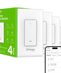 Three Way WiFi Light Switch 4 Pack No Hub Needed Works With Alexa And Google Home 2.4GHz Only Neutral Wire Required Not A Dimmer 15 Amp Max Single Pole Or 3 Way Installation FCC Listed White shown with packaging and app interface