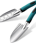 Two Piece Garden Hand Trowel Set With Aluminum Alloy Bodies And Rubber Handles Dual Style Cultivating Tools With Inches And Centimeters Depth Scales Ideal For Digging Holes Transplanting Planting And Garden Care