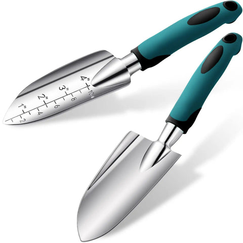 Two Piece Garden Hand Trowel Set With Aluminum Alloy Bodies And Rubber Handles Dual Style Cultivating Tools With Inches And Centimeters Depth Scales Ideal For Digging Holes Transplanting Planting And Garden Care