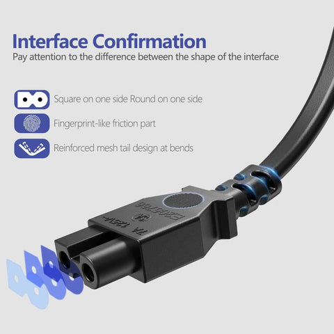Six Foot Sewing Machine Power Cord AC Cable Replacement, Two Slot Plug, UL Listed 18 AWG Wire with detailed connection view.