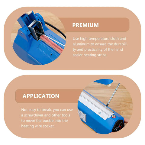 Close-up view of hand sealer showing heating strip and application instructions for 5 Piece Hand Sealer Heating Strips Fast Heat Replacement Elements High Resistance Manual Sealer Parts Quick Warm Up No Sweat Setup For Reliable Daily Packing Tasks.