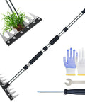 Sturdy Stainless Steel Weeding Tool With 8 Tines And Adjustable Length Handle, gloves, wrench, screwdriver, and plant in tines.