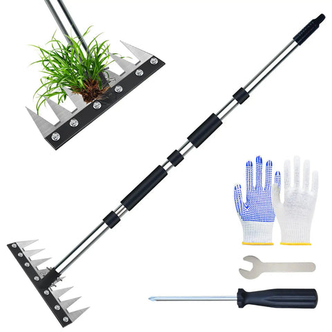 Sturdy Stainless Steel Weeding Tool With 8 Tines And Adjustable Length Handle, gloves, wrench, screwdriver, and plant in tines.