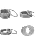 Heavy Duty 304 Stainless Steel Shim Washer Set 48 Pcs thin flat spacers stacked in four different arrangements.