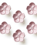 Solid Metal Pink Floral Cabinet Knobs 6 Pack Vintage Drawer Pulls Coquette Chic Vibe Sweet Charm Hardware Glow Up For Nursery Dresser Vanity And Closets, close-up of six pink flower knobs.