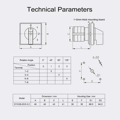 Technical parameters for 4 Position 8 Terminal Universal Rotary Cam Changeover Switch SYW28-20 Latching 550V 20A